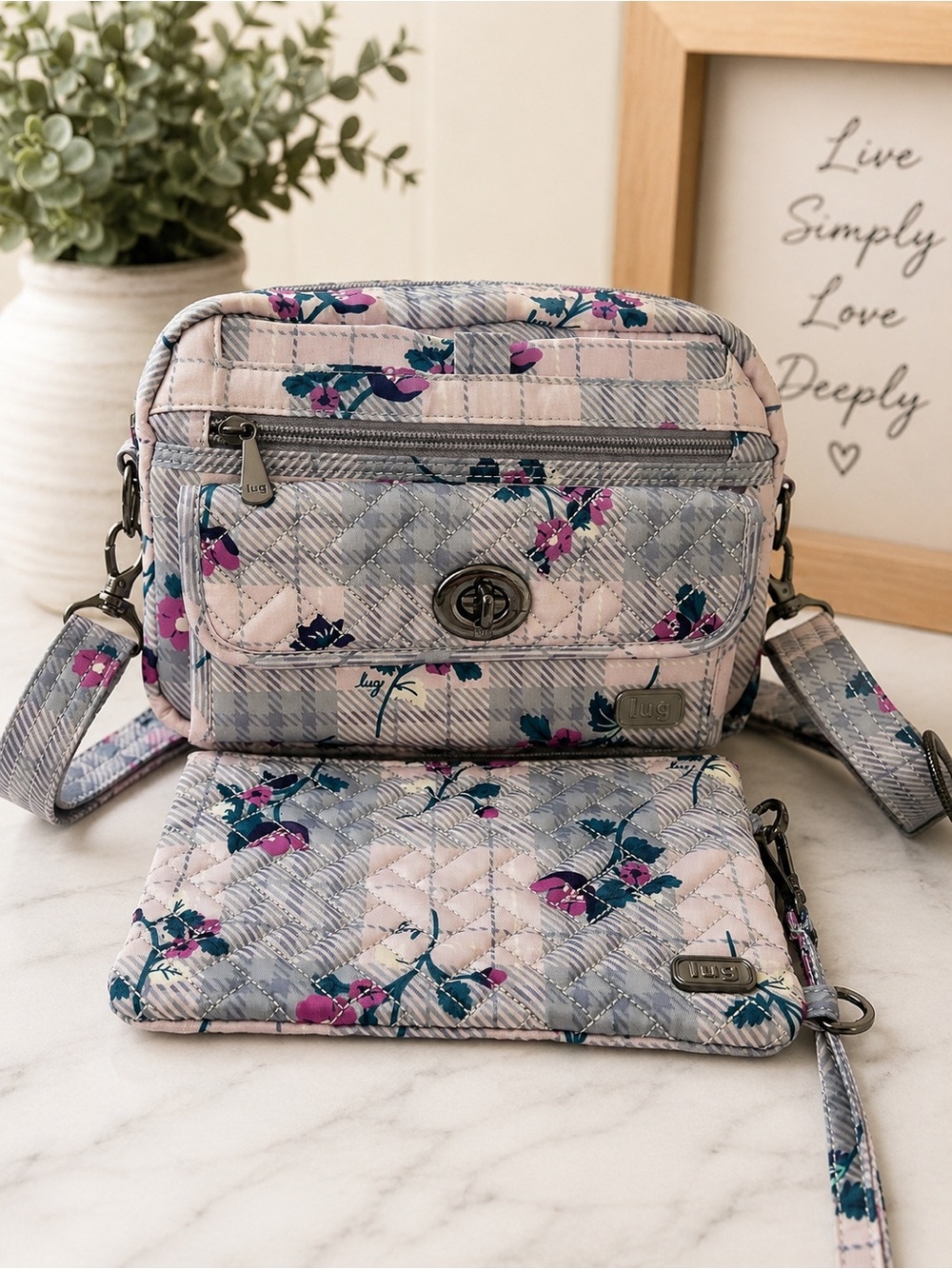 Switch Crossbody Bag & Peekaboo Pouch Set- Plaid Floral Pearl